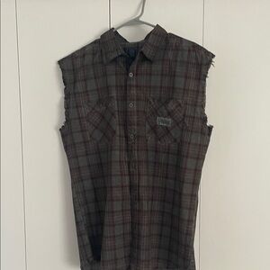 Black Jack Men’s Large Sleeveless Plaid Button Up Shirt Maroon Black Gray